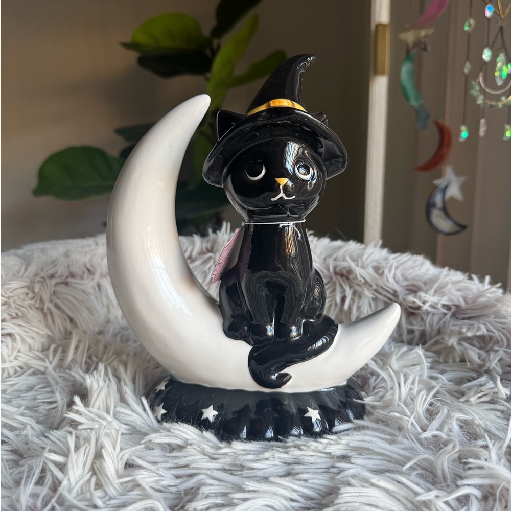 Black Cat Figurine with Witch Hat on Crescent Moon